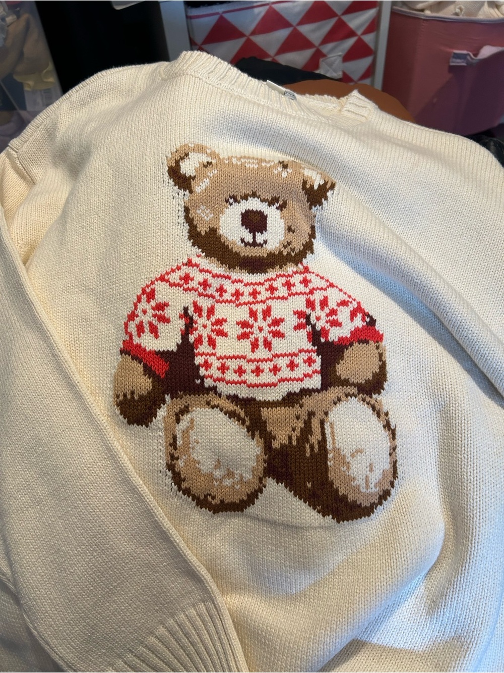 Mighty Fine Cream Crewneck Sweater with Teddy Bear Intarsia